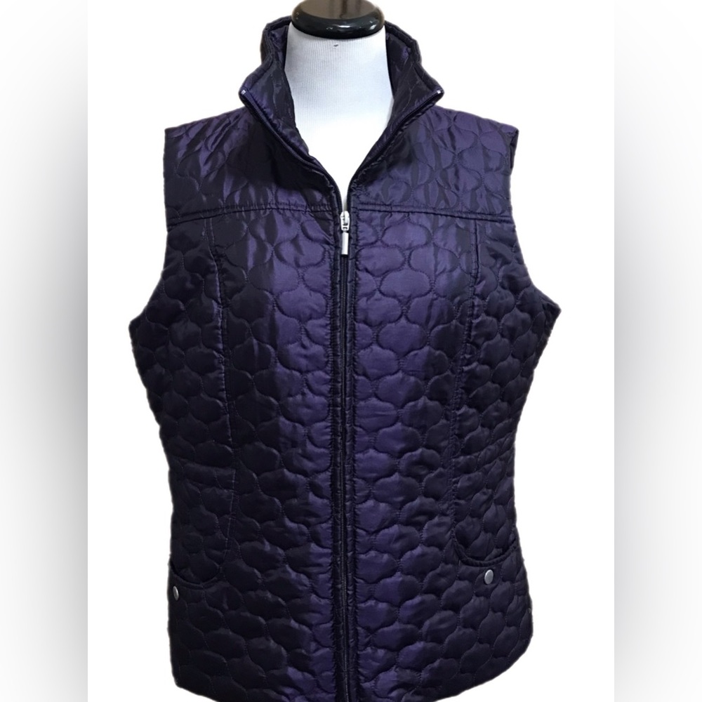 Quilted Puffy Purple Vest Inside Drawstring Fitted Look Pockets New Directions L